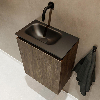 MONDIAZ TURE Toiletmeubel 40x23x50cm met 0 kraangaten 1 deuren dark brown mat Wastafel Eden links Solid Surface Zwart