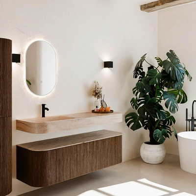 MONDIAZ THOR-DLUX 150cm meuble de salle de bains arrondi gauche + droite couleur Walnut avec 1 tiroir et 2 portes. Vasque suspendue CLOUD Gauche 1 trou de robinet couleur Saba.