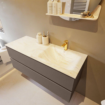 Mondiaz VICA-DLUX ensemble de meuble de salle de bain - 120cm - meuble sous-vasque fumée - 2 tiroirs - lavabo encastré nuage droite - 1 trou de robinet - version haute 60cm - ostra