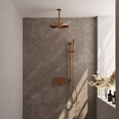 BRAUER Copper Edition Thermostatische Regendouche inbouw - drukknoppen - SET 66 - 30cm hoofddouche - plafondarm - staaf handdouche - doucheslang - geïntegreerde glijstang - koper geborsteld PVD