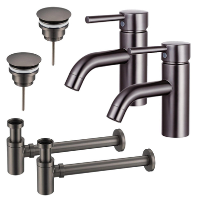 Fortifura Calvi Kit robinet lavabo - pour double vasque - robinet bas - bonde non-obturable - siphon design bas - Gunmetal PVD