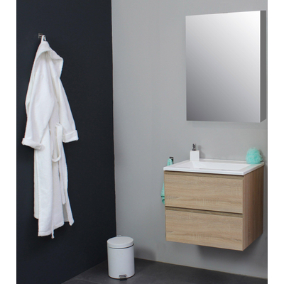 Basic Bella Meuble avec lavabo acrylique sans trou de robinet 60x55x46cm avec armoire toilette à 1 porte gris Chêne