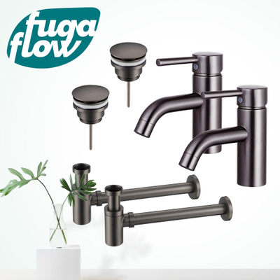 FugaFlow Eccelente Sobrado Badkamer Wastafelkraanset - voor dubbele wastafel - lage wastafelkraan - klikwaste plug - verlaagde design sifon - PVD Gepolijst Gunmetal