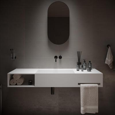 Ideavit Lavabo - 140x40x20cm - solid surface - angles intérieurs arrondis - porte-serviettes à droite - compartiment de rangement à gauche - cache-bonde carré - solid surface - blanc mat