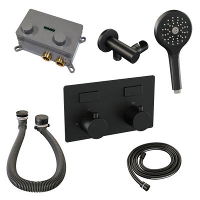 Brauer Black Edition mitigeur thermostatique bain encastré bouton poussoir set 04 combinaison de remplissage de bain 3 positions douche à main flexible de douche raccord mural coude noir matt