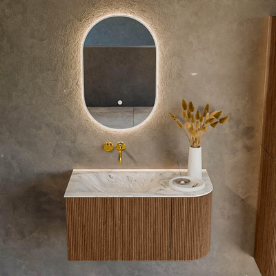 MONDIAZ KURVE-DLUX 85cm Meuble salle de bain avec module 25 D - couleur Walnut - 1 tiroir - 1 porte - vasque CLOUD gauche - sans trou de robinet - couleur Glace