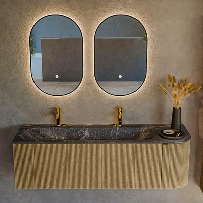 Ensemble de meuble de salle de bain Mondiaz KURVE-DLUX - 145x46x40cm - 1 tiroir - 1 porte - lavabo en solid surface - gauche - 2 trous de robinet - Dusk