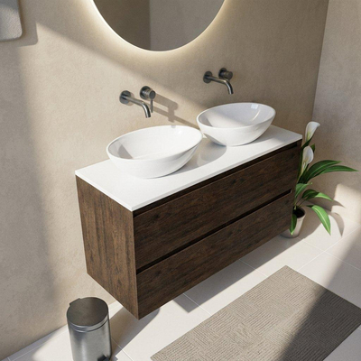 Saniclass Holz Pure Ensemble de meubles de salle de bains - 120x45x62.5cm - plan de toilette Torino en solid surface blanc - sans trou de robinetterie - 4 tiroirs - chêne charcoal mat (bois)