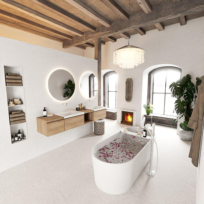 MONDIAZ BUKLA 200cm ensemble de meuble avec module ouvert 40 à droite couleur Chêne blanchi avec 3 tiroirs. Lavabo CLOUD double 0 trou de robinet couleur Talc.