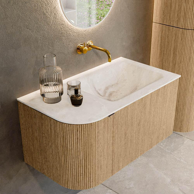 MONDIAZ KURVE-DLUX meuble de salle de bains 85 cm avec module 25 L couleur chêne avec 1 tiroir et 1 porte. Lavabo CLOUD à droite sans trou de robinet couleur Frappe.
