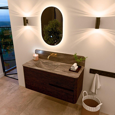 Mondiaz CIRO-DLUX Badkamermeubelset - 110x45x50cm - Solid surface wastafel Oza - 1 wasbak Links - zonder kraangaten - 2 lades - Walnut