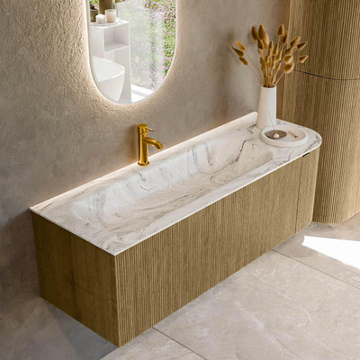 Mondiaz KURVE-DLUX Badkamermeubelset - 135x46x40cm - 1 lade - 1 deur - wastafel solid surface - links - 1 kraangat - Dusk