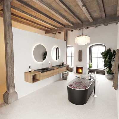 MONDIAZ BUKLA 280cm ensemble de meuble avec module ouvert 40 L+R couleur Chêne blanchi avec 3 tiroirs. Lavabo CLOUD double 0 trou de robinet couleur Urbaine.