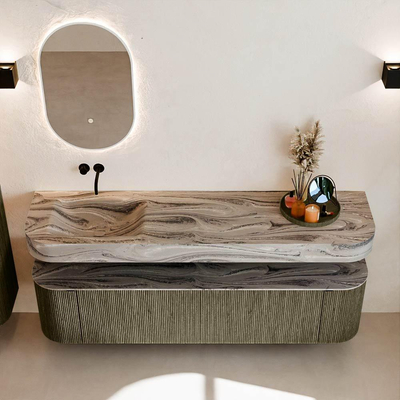 MONDIAZ THOR-DLUX 180cm meuble de salle de bains arrondi gauche + droite couleur Shadow avec 2 tiroirs et 2 portes. Vasque suspendue CLOUD gauche sans trou de robinet couleur Sombra.