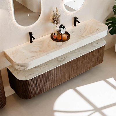 MONDIAZ THOR-DLUX 180cm meuble de salle de bains arrondi gauche + droite couleur Walnut avec 2 tiroirs et 2 portes. Vasque suspendue CLOUD Double 2 trous de robinet couleur Ostra.