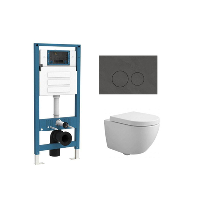 QeramiQ Dely Swirl Compact Ensemble WC - réservoir encastré QeramiQ flush - abattant 25 mm - plaque de commande en marbre foncé - boutons ronds - blanc mat