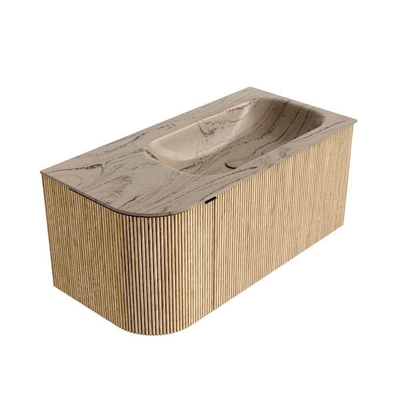 MONDIAZ KURVE-DLUX Meuble de salle de bains 95cm courbe Gauche couleur Chêne avec 1 tiroir et 1 porte. Lavabo BIG SMALL Droite sans trou de robinet Arena.