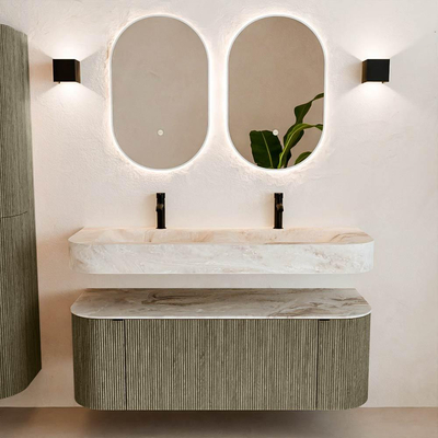 MONDIAZ THOR-DLUX 130cm badmeubel ronding links + rechts kleur Shadow met 1 lade en 2 deuren. Vrijhangende wastafel CLOUD Dubbel 2 kraangaten kleur Frappe.