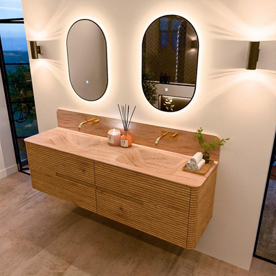 Mondiaz CIRO-DLUX Meuble de salle de bains - 170x45x50cm - Plan vasque solid surface Saba - 2 vasques Double - sans trous de robinetterie - 4 tiroirs - Chêne