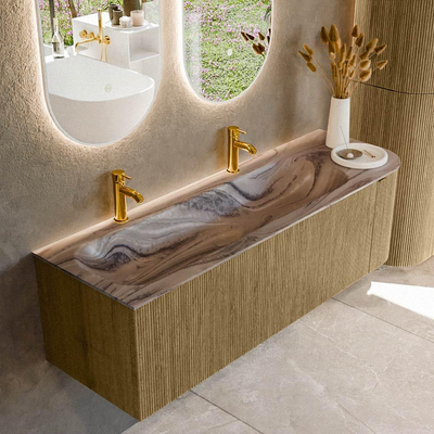 MONDIAZ KURVE-DLUX Meuble de salle de bains 145cm arrondi à droite couleur Dusk avec 1 tiroir et 1 porte. Lavabo BIG LARGE à gauche 2 trous de robinetterie Sombra.