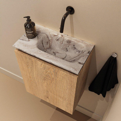 MONDIAZ TURE-DLUX 40cm toiletmeubel Washed Oak. EDEN wastafel Glace positie rechts. Zonder kraangat.