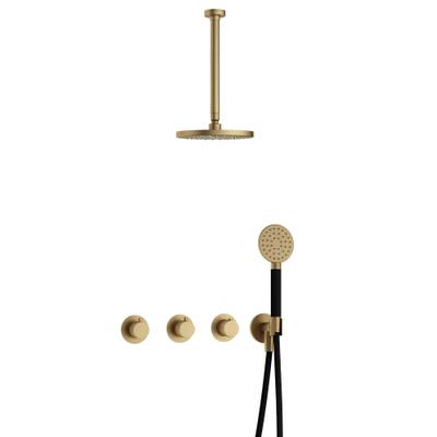 Hotbath Cobber IBS70 Regendoucheset - inbouw - 30cm plafondarm - 20cm ronde hoofddouche - 1 stand handdouche - geborsteld messing goud