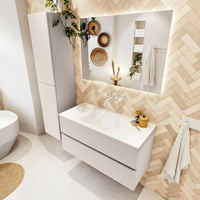 MONDIAZ VICA Ensemble meuble de salle de bains - 100cm - sous-meuble linen - 2 tiroirs - vasque cloud au centre - sans trous de robinet - version haute 60cm - talc