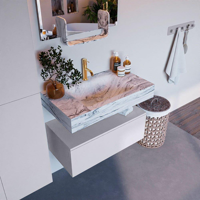 Mondiaz ALAN-DLUX Ensemble de meuble - 80cm - meuble Cale mat - 1 tiroir - Lavabo Cloud Glace suspendu - vasque Centre - 1 trou de robinet