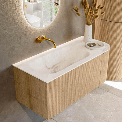 MONDIAZ KURVE-DLUX meuble de salle de bains 105cm avec module 25 R couleur chêne avec 1 tiroir et 1 porte. Lavabo BIG SMALL gauche sans trou de robinet couleur Frappe.