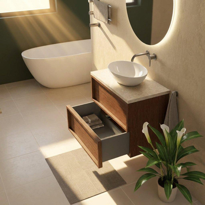 Saniclass Holz Frame Ensemble meuble de salle de bains - 80x45x63cm - plan en pierre naturelle travertin - sans trou de robinet - 2 tiroirs - noyer pur mat (bois)
