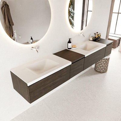 MONDIAZ BUKLA 240cm ensemble de meuble avec module 40 gauche couleur Marron Foncé avec 4 tiroirs. Lavabo CLOUD double 0 trou de robinet couleur Talc.