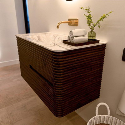 Mondiaz CIRO-DLUX Badkamermeubelset - 90x45x50cm - Solid surface wastafel Glace - 1 wasbak Midden - zonder kraangaten - 2 lades - Walnut