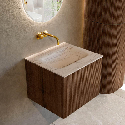 MONDIAZ KURVE-DLUX 50cm badmeubel kleur Walnut met 1 lade en 0 deuren. Wastafel GRUNNE Midden zonder kraangat Nata.