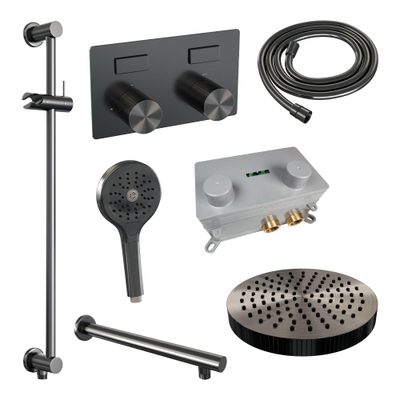 BRAUER Stripe Douche de pluie thermostatique encastrée - boutons-poussoirs - SET 34 - pomme de douche 25cm - bras mural droit - douchette 3 positions - flexible de douche - barre coulissante intégrée - gunmetal brossé PVD