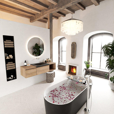 MONDIAZ BUKLA 140cm badmeubel met open module 40 rechts kleur Washed Oak met 2 lades. Wastafel CLOUD midden 0 kraangaten kleur Urban.