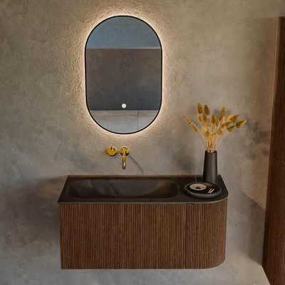 MONDIAZ KURVE 95cm badmeubel met module 25 R kleur Walnut met 1 lade en 1 deur. Wastafel BIG SMALL links zonder kraangat Urban.