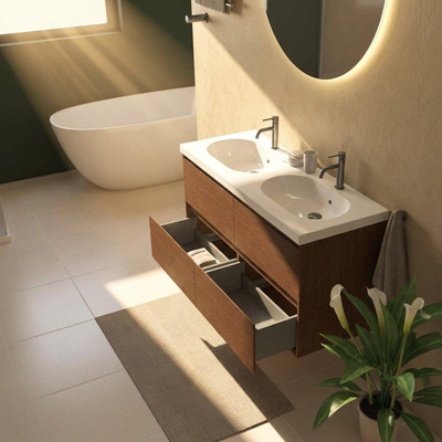 Saniclass Holz Pure Ensemble meuble de salle de bains - 120x45x63.5cm - lavabo en céramique Palermo blanc - 2 vasques - 2 trous de robinetterie - 4 tiroirs - noyer pure mat (bois)