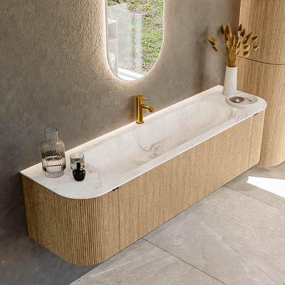 MONDIAZ KURVE-DLUX 170cm badmeubel met module 25 Len R kleur Oak met 1 lade en 2 deuren. Wastafel BIG LARGE midden 1 kraangat kleur Frappe.