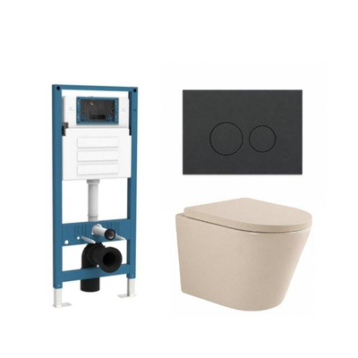 QeramiQ Dely Ensemble de toilette - réservoir encastré QeramiQ Flush - abattant 35 mm - plaque de commande en plastique anthracite mat - boutons ronds - beige