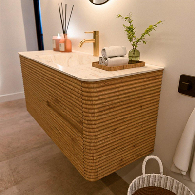 Mondiaz CIRO-DLUX Badkamermeubelset - 110x45x50cm - Solid surface wastafel Ostra - 1 wasbak Midden - 1 kraangat - 2 lades - Oak