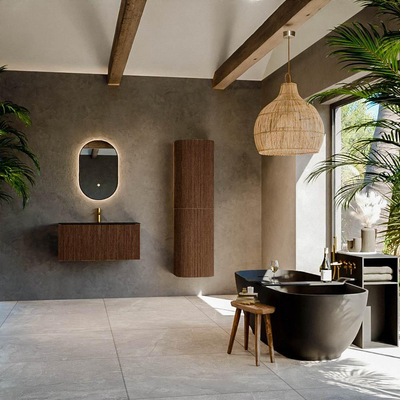 MONDIAZ KURVE 90cm Meuble salle de bain - couleur Walnut - 1 tiroir - vasque BIG SMALL centre - 1 trou de robinet - Urban