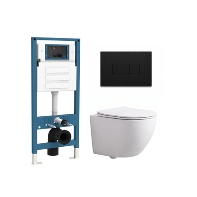 QeramiQ Dely Swirl Compact Toiletset - inbouwreservoir QeramiQ flush - slim zitting - kunststof bedieningsplaat mat zwart - rechthoekige knoppen - mat wit