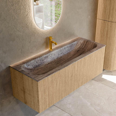MONDIAZ KURVE-DLUX Meuble de salle de bains 120 cm couleur Oak avec 1 tiroir et 0 portes. Lavabo BIG LARGE Central 1 trou de robinet Oza.