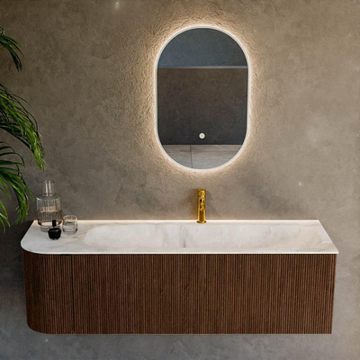 MONDIAZ KURVE-DLUX 145cm badmeubel met module 25 L kleur Walnut met 1 lade en 1 deur. Wastafel BIG LARGE rechts 1 kraangat kleur Frappe.
