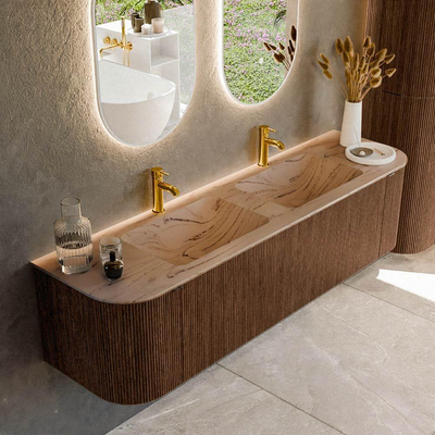 MONDIAZ KURVE-DLUX Meuble de salle de bains 170cm arrondi Gauche + Droite couleur Walnut avec 1 tiroir et 2 portes. Lavabo LEAF Double 2 trous de robinet Arena.