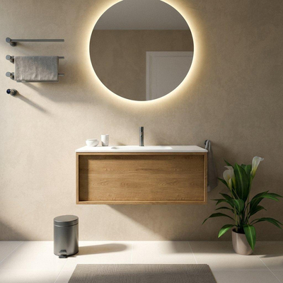 Saniclass Holz Frame Ensemble de meuble de salle de bains - 100x45x41.5cm - Flow lavabo en solid surface blanc - 1 vasque - 1 trou de robinetterie - 1 tiroir - chêne natural mat (bois)
