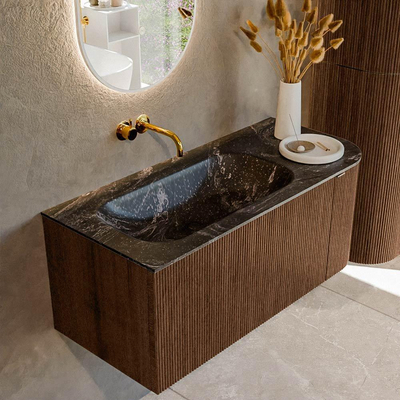 MONDIAZ KURVE-DLUX 105cm badmeubel met module 25 R kleur Walnut met 1 lade en 1 deur. Wastafel BIG SMALL links zonder kraangat kleur Lava.