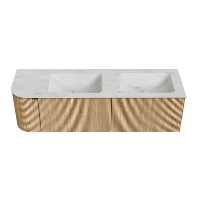 MONDIAZ KURVE-DLUX 155cm meuble de salle de bains avec module 25 L couleur Chêne avec 2 tiroirs et 1 porte. Lavabo LEAF double / droite 2 trous de robinet couleur Opalo.