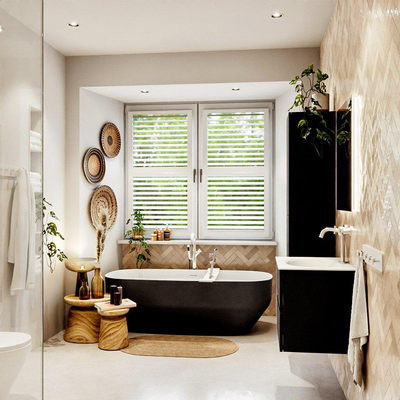 MONDIAZ VICA meuble sous lavabo 60cm Urban 2 tiroirs. Lavabo MOON centre 1 trou de robinet, couleur Talc.