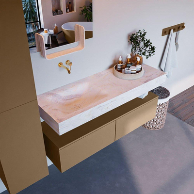 Mondiaz ALAN-DLUX Ensemble de meuble - 130cm - meuble Oro mat - 2 tiroirs - Lavabo Cloud Ostra suspendu - vasque Gauche - 0 trous de robinet